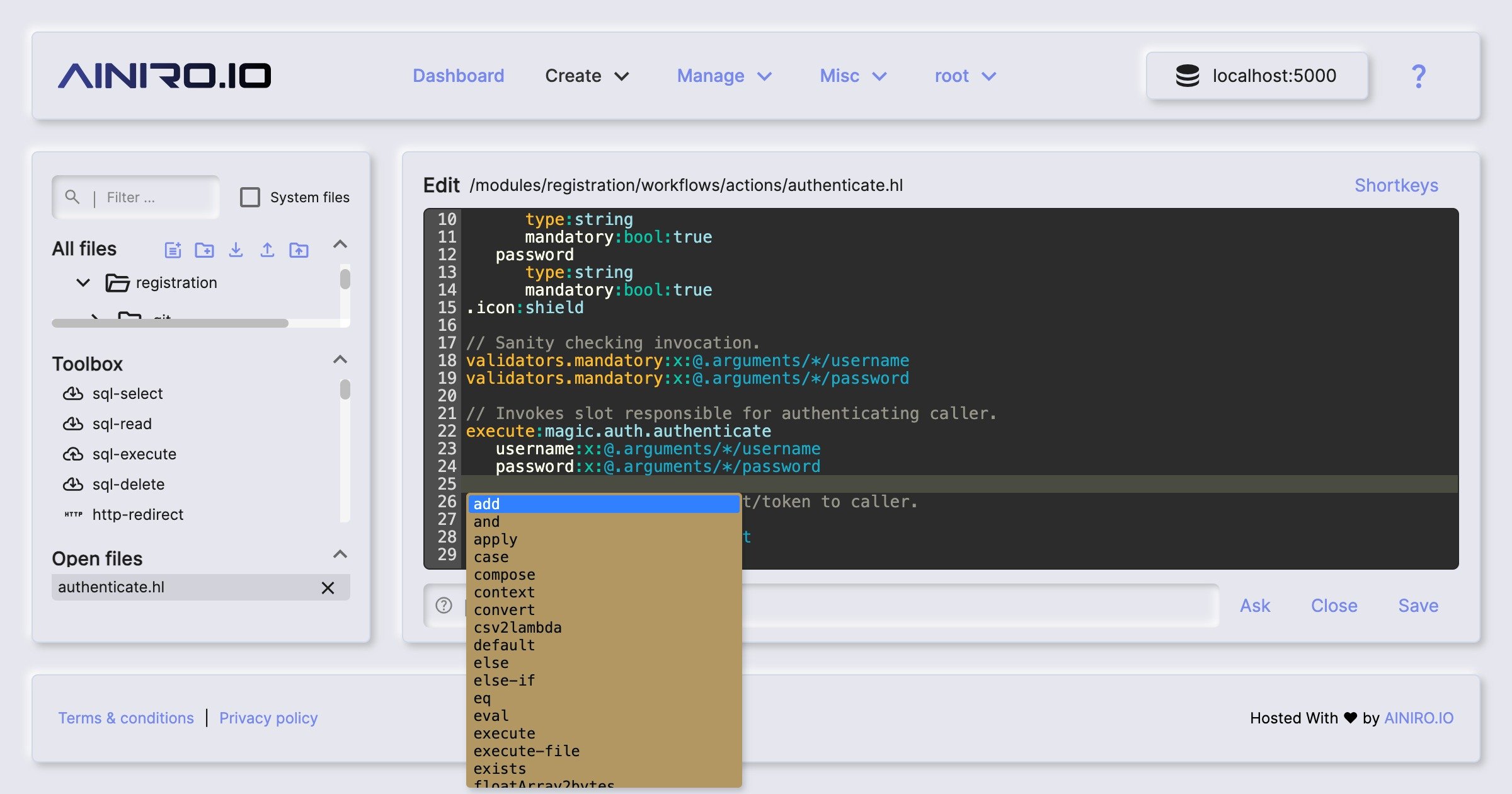 Screenshot of Magic's Hyper IDE with autocomplete open for Hyperlambda slots