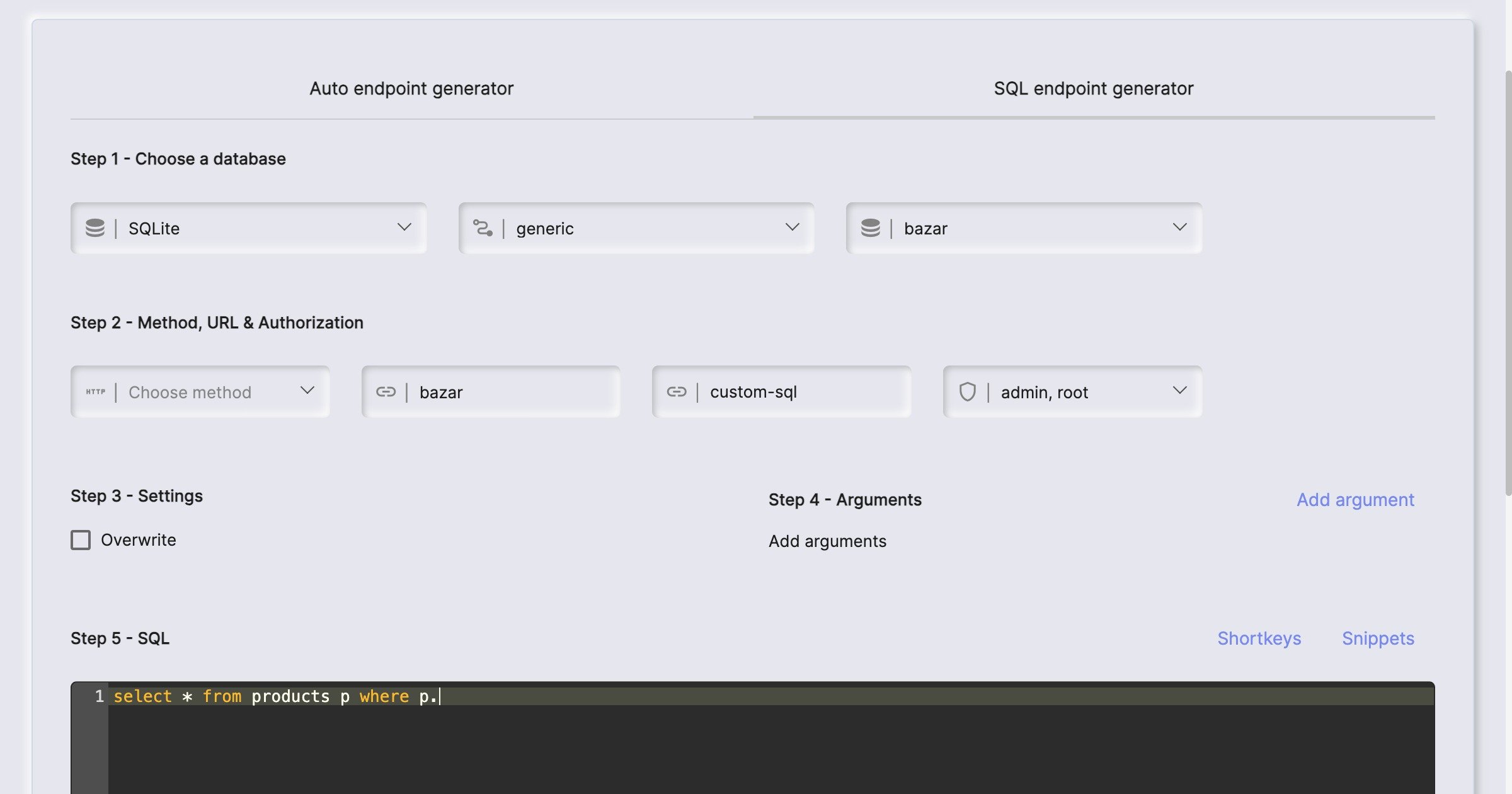 Screenshot of how to create an HTTP endpoint using SQL in the Backend Generator