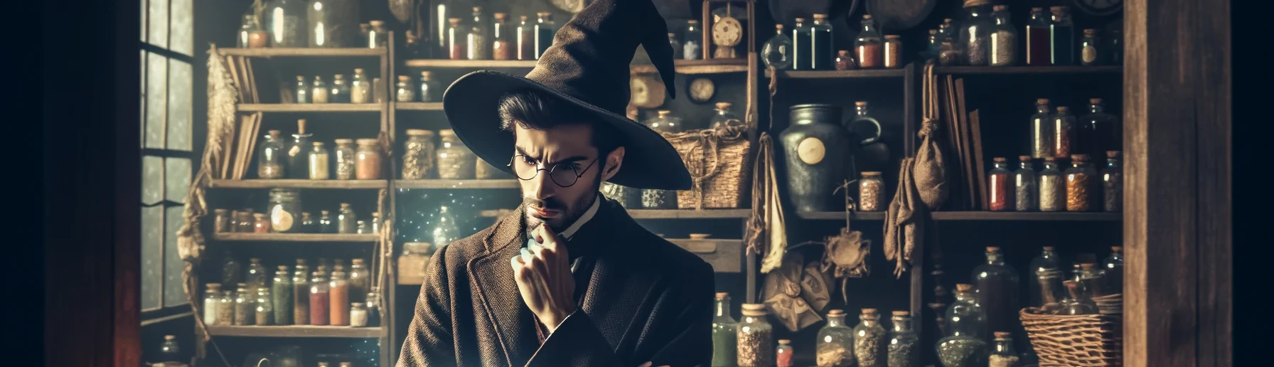 Wizard standing in his laboratory trying to find out what Magic spell he should use