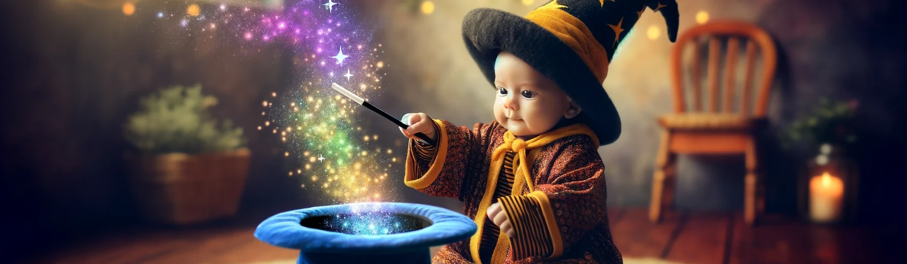 Baby Wizard waving his magic wand over his magic hat to practice his spell casting